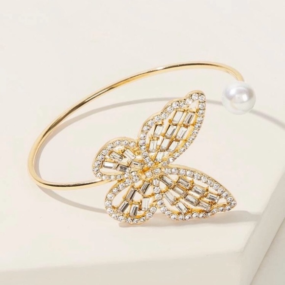 BOGO! Crystal & Pearl Butterfly Adjustable Bangle - Picture 2 of 5